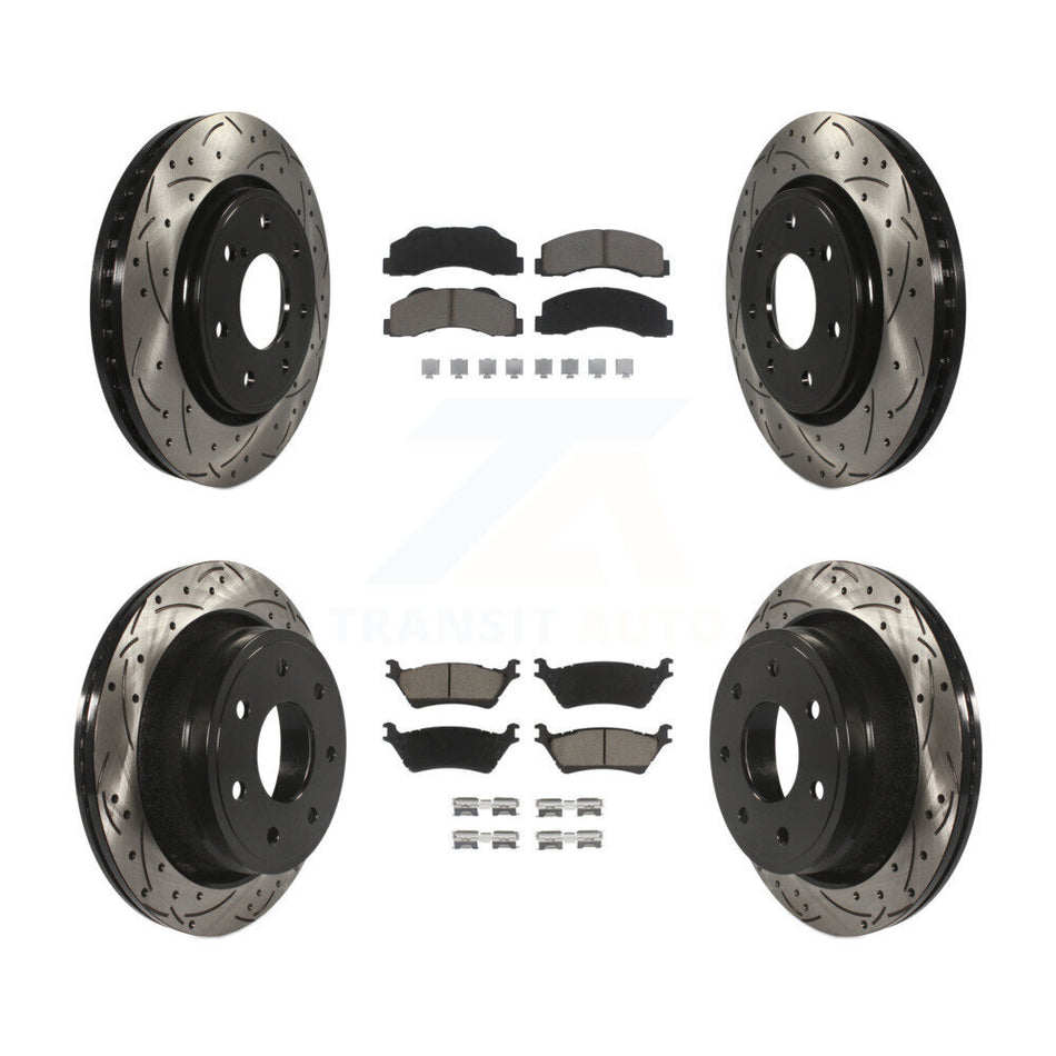 Front Rear Coated Drilled Slotted Disc Brake Rotors And Ceramic Pads Kit For 2012-2014 Ford F-150 With 7 Lug Wheels KDC-100287