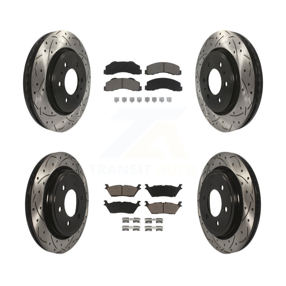 Front Rear Coated Drilled Slotted Disc Brake Rotors And Ceramic Pads Kit For 2015-2017 Ford F-150 With Electric Parking KDC-100291