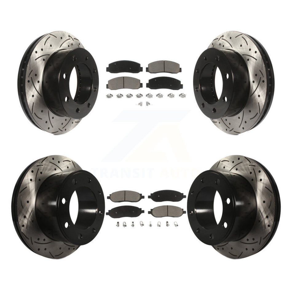 Front Rear Coated Drilled Slotted Disc Brake Rotors And Ceramic Pads Kit For Ford F-250 Super Duty F-350 KDC-100294