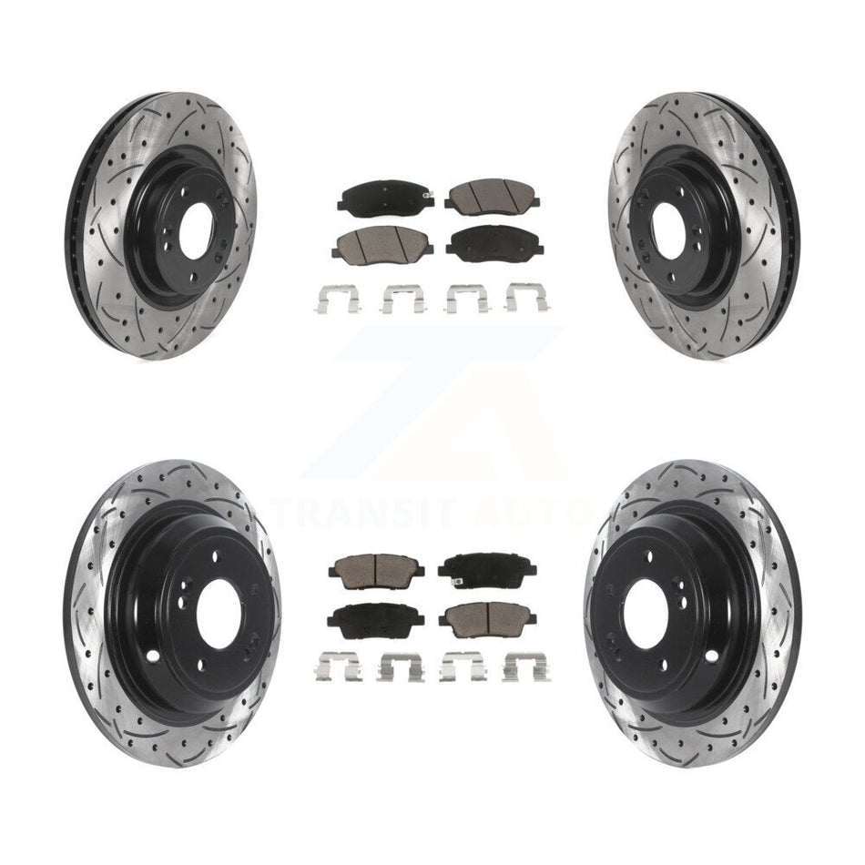 Front Rear Coated Drilled Slotted Disc Brake Rotors And Ceramic Pads Kit For 2012 Hyundai Genesis 3.8L KDC-100376