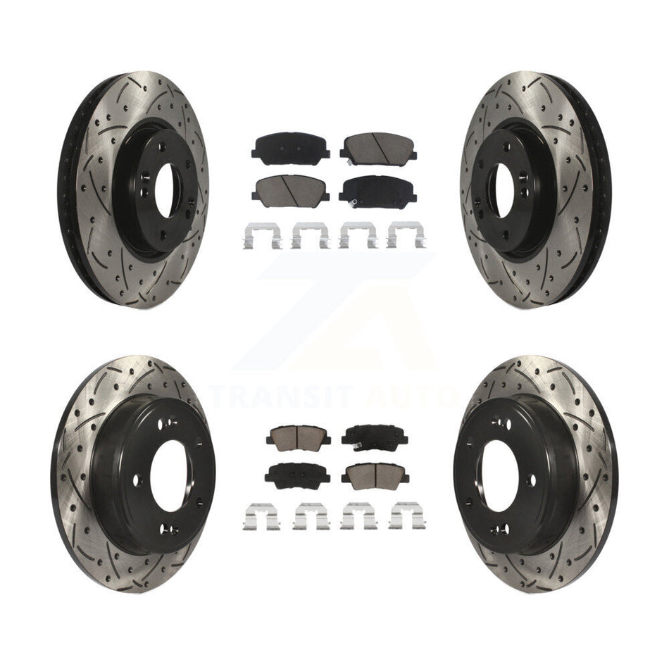 Front Rear Coated Drilled Slotted Disc Brake Rotors And Ceramic Pads Kit For Hyundai Veloster Kia Forte Koup KDC-100380
