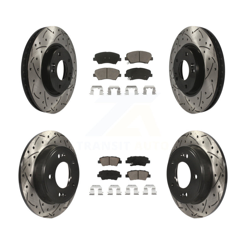 Front Rear Coated Drilled Slotted Disc Brake Rotors And Ceramic Pads Kit For 2015 Hyundai Veloster Tech RE FLEX SE KDC-100385