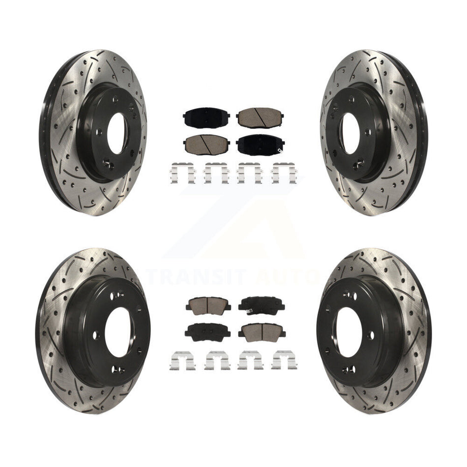 Front Rear Coated Drilled Slotted Disc Brake Rotor Ceramic Pad Kit For 2014-2016 Kia Soul KDC-100386