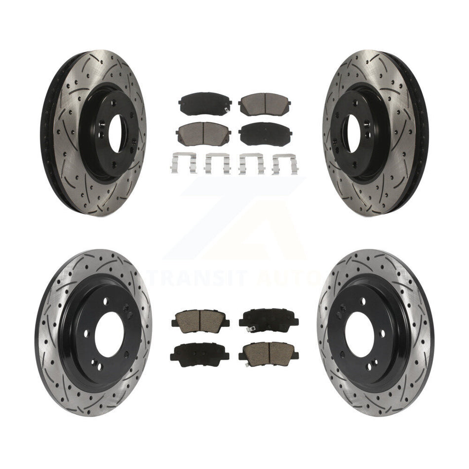 Front Rear Coated Drilled Slotted Disc Brake Rotors And Ceramic Pads Kit For 2016 Kia Soul EV From Chassis VIN #160921 KDC-100395