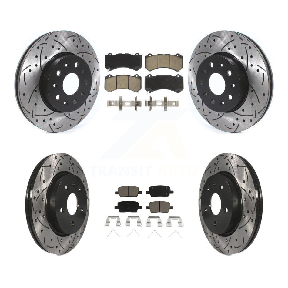 Front Rear Coated Drilled Slotted Disc Brake Rotors And Ceramic Pads Kit For 2019-2020 Chevrolet Camaro LT LS With 6 Piston Brembo Calipers KDC-100434