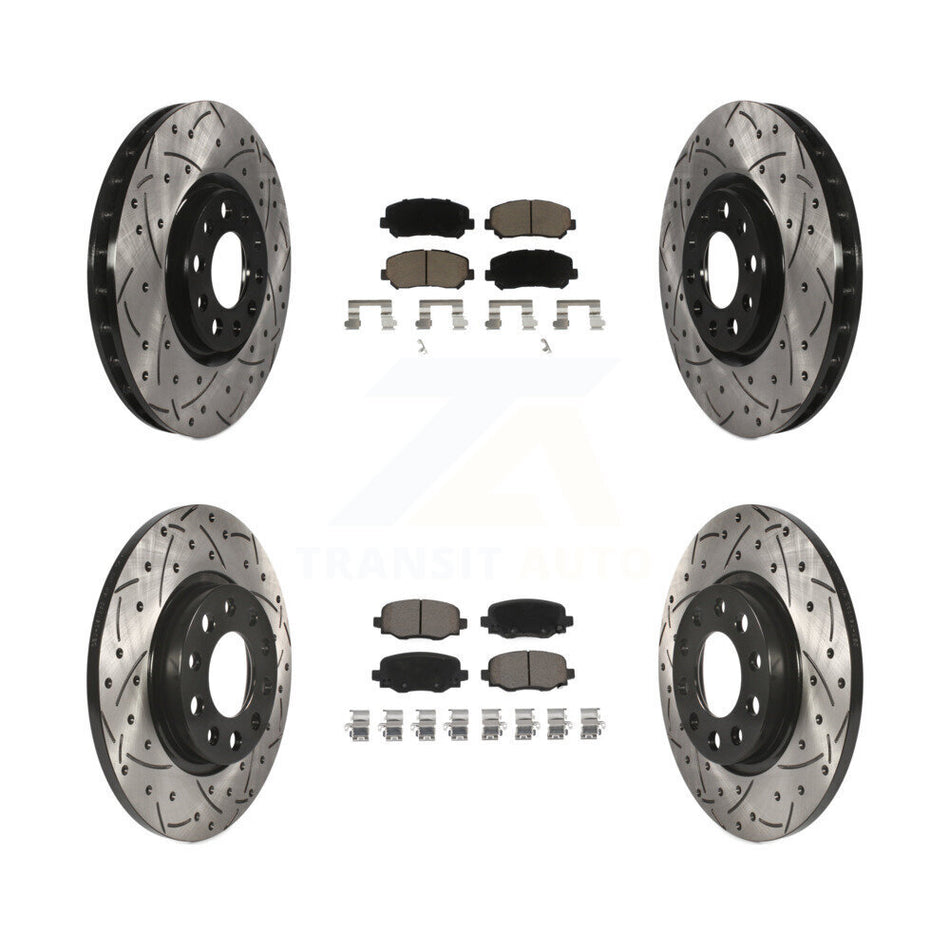 Front Rear Coated Drilled Slotted Disc Brake Rotors And Ceramic Pads Kit For 2015-2017 Chrysler 200 With 305mm Diameter Rotor KDC-100436