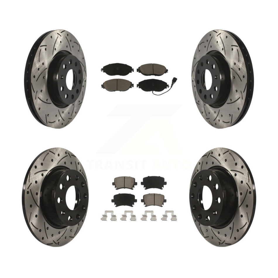 Front Rear Coated Drilled Slotted Disc Brake Rotors And Ceramic Pads Kit For 2015 Volkswagen GTI With Performance Package KDC-100492