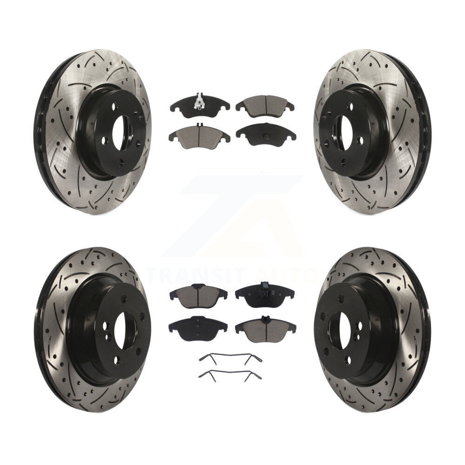Front Rear Coated Drilled Slotted Disc Brake Rotors And Ceramic Pads Kit For 2014 Mercedes-Benz E350 Convertible Coupe With 322mm Diameter Rotor KDC-100510