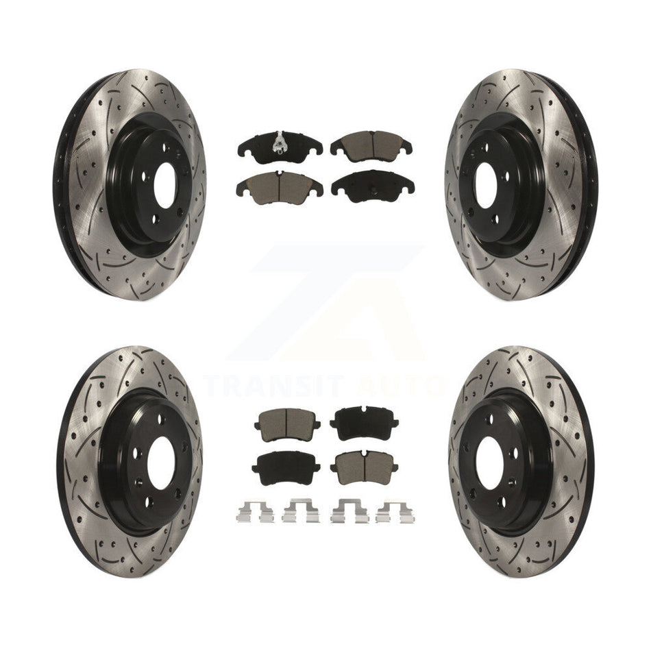 Front Rear Coated Drilled Slotted Disc Brake Rotors And Ceramic Pads Kit For 2013 Audi A6 With 345mm Diameter Rotor KDC-100527