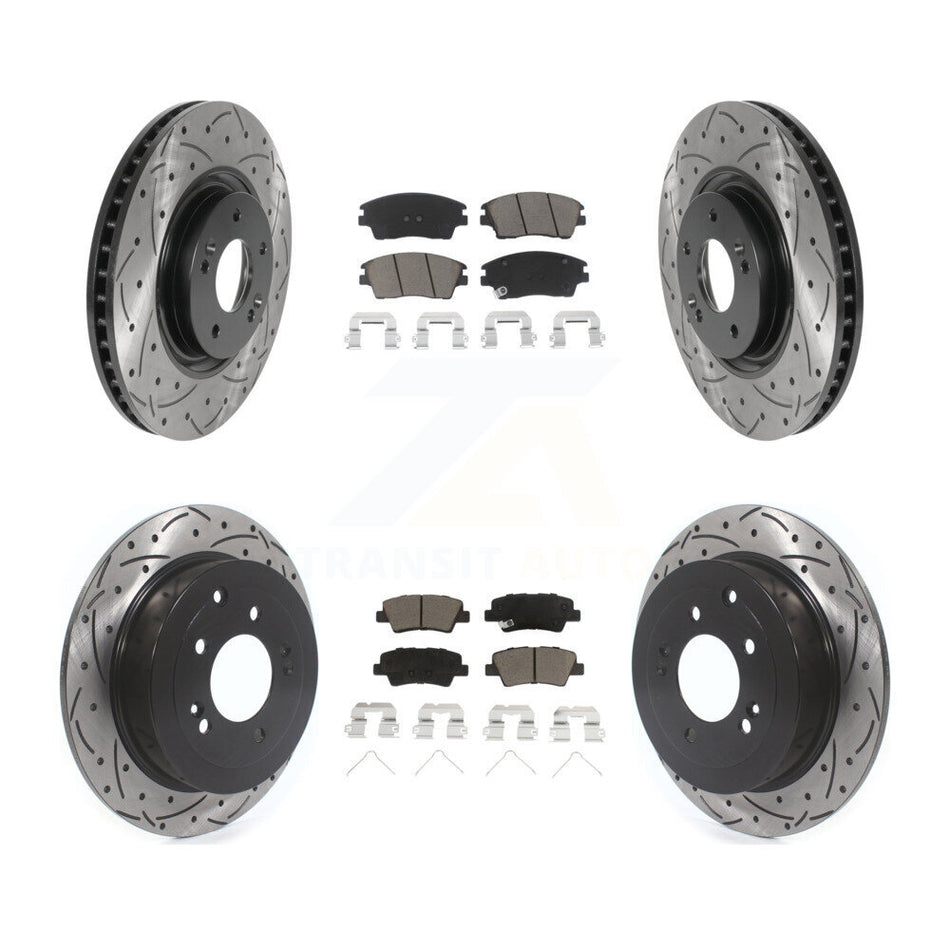 Front Rear Coated Drilled Slotted Disc Brake Rotors And Ceramic Pads Kit For 2017-2021 Kia Sportage Turbocharged With Manual Parking KDC-100562