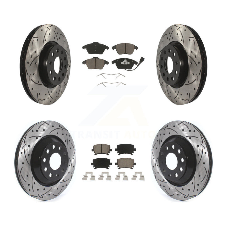 Front Rear Coated Drilled Slotted Disc Brake Rotors And Ceramic Pads Kit For 2009-2010 Volkswagen Passat CC With 312mm Diameter Rotor KDC-100614