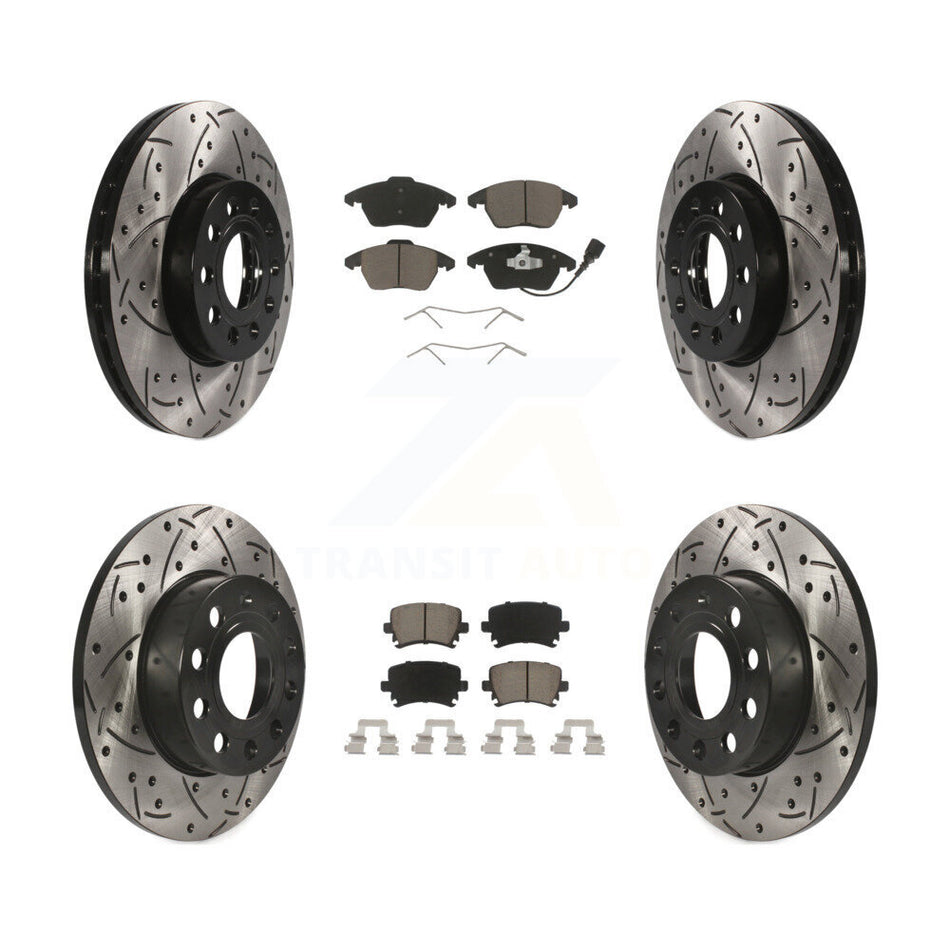 Front Rear Coated Drilled Slotted Disc Brake Rotors And Ceramic Pads Kit For 2006-2009 Volkswagen Rabbit KDC-100615