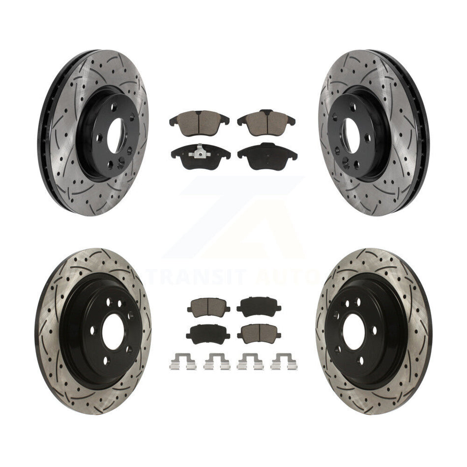 Front Rear Coated Drilled Slotted Disc Brake Rotors And Ceramic Pads Kit For 2013-2014 Volvo S60 With 300mm Diameter Rotor KDC-100620