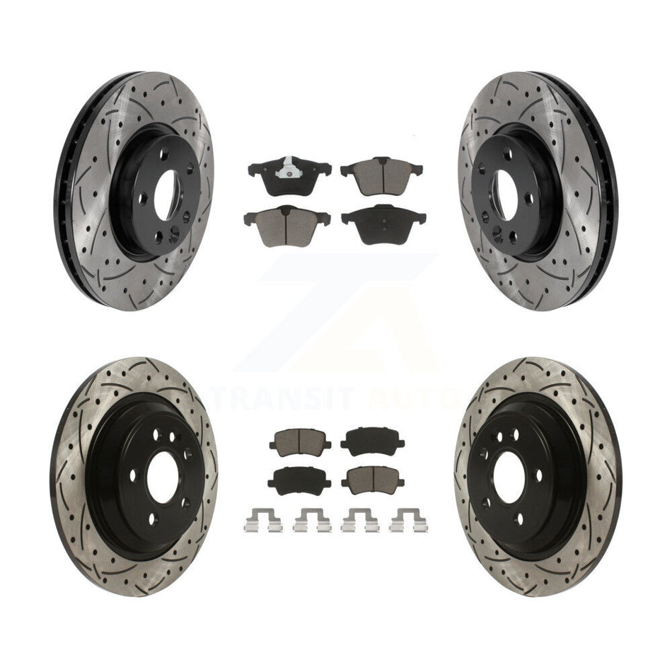 Front Rear Coated Drilled Slotted Disc Brake Rotors And Ceramic Pads Kit For 2008 Volvo V70 With 300mm Diameter Rotor KDC-100622