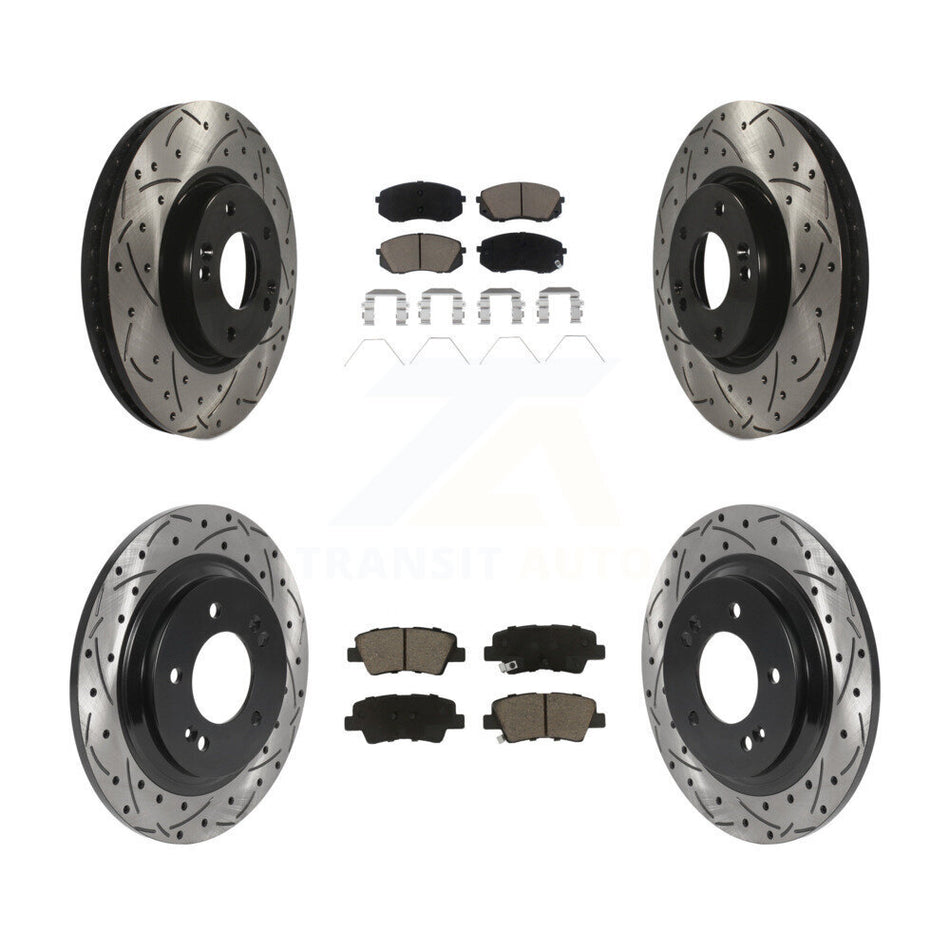 Front Rear Coated Drilled Slotted Disc Brake Rotors And Ceramic Pads Kit For 2017-2018 Kia Soul EV KDC-100636