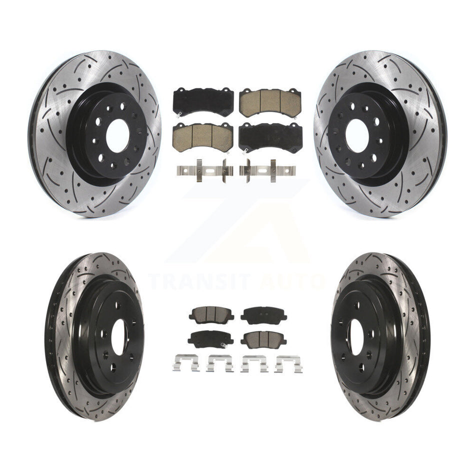 Front Rear Coated Drilled Slotted Disc Brake Rotors And Ceramic Pads Kit For 2016 Cadillac CTS Vsport Premium with RWD With Performance Lining KDC-100640