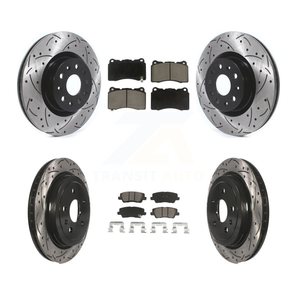 Front Rear Coated Drilled Slotted Disc Brake Rotors And Ceramic Pads Kit For Cadillac CTS With 18" Factory Wheels KDC-100646