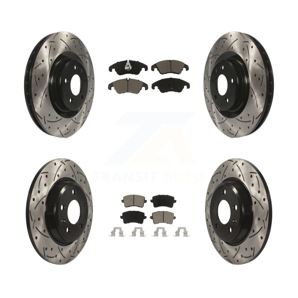 Front Rear Coated Drilled Slotted Disc Brake Rotors And Ceramic Pads Kit For 2009-2010 Audi Q5 With 345mm Diameter Rotor KDC-100661