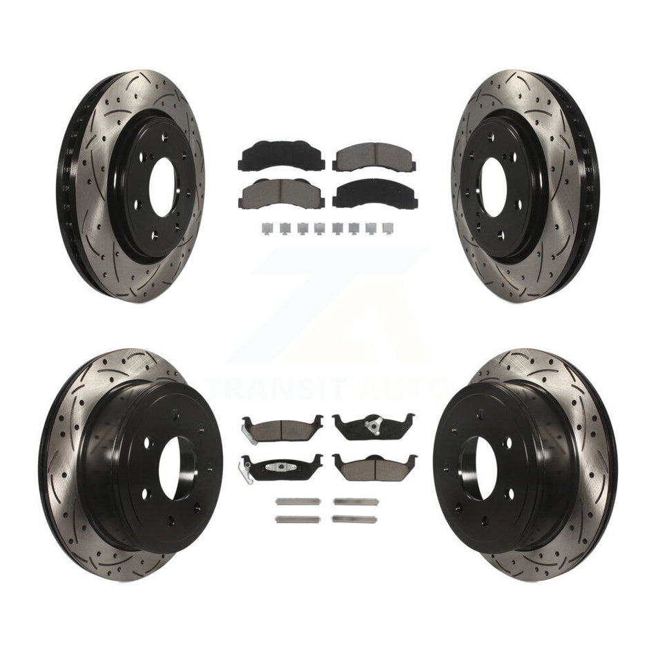 Front Rear Coated Drilled Slotted Disc Brake Rotors And Ceramic Pads Kit For 2010-2011 Ford F-150 With 7 Lug Wheels KDC-100674