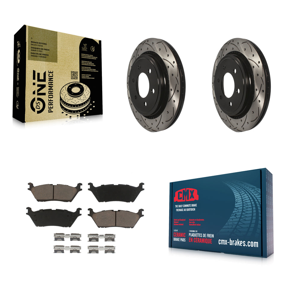 Rear Coated Drilled Slotted Disc Brake Rotors And Ceramic Pads Kit For 2015-2017 Ford F-150 With Electric Parking KDC-100697