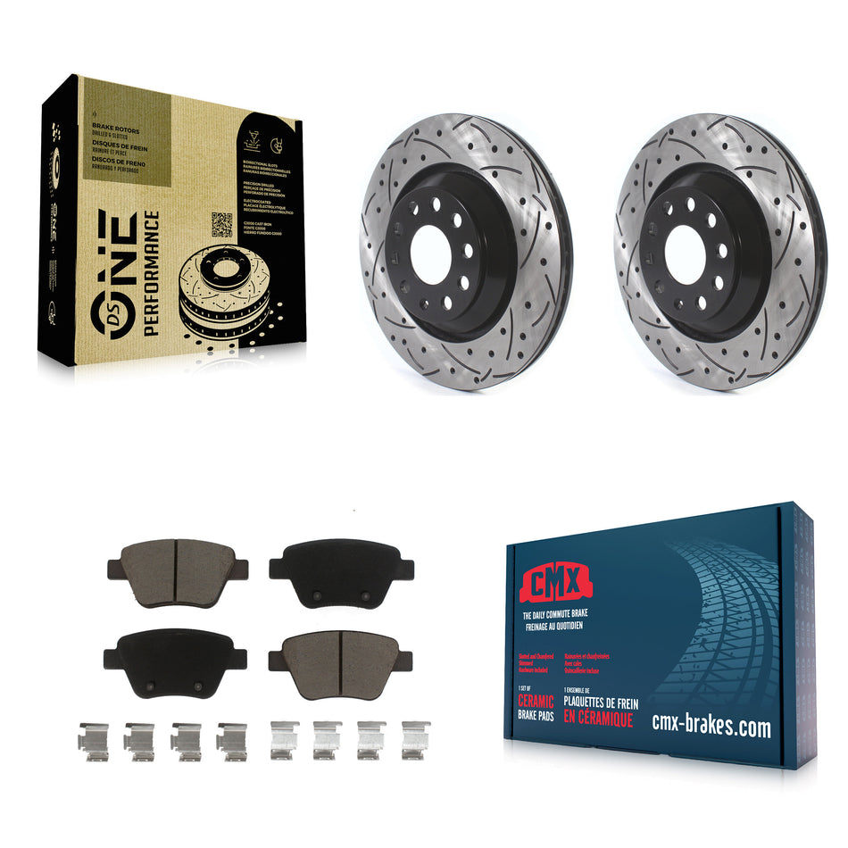 Rear Coated Drilled Slotted Disc Brake Rotors And Ceramic Pads Kit For 2013 Volkswagen GTI With 310mm Diameter Rotor KDC-100704