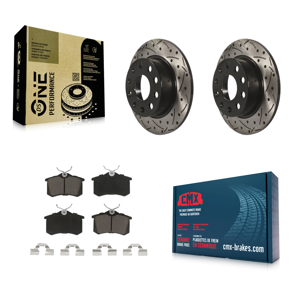 Rear Coated Drilled Slotted Disc Brake Rotors And Ceramic Pads Kit For 2011 Volkswagen Jetta With 253mm Diameter Rotor KDC-100713