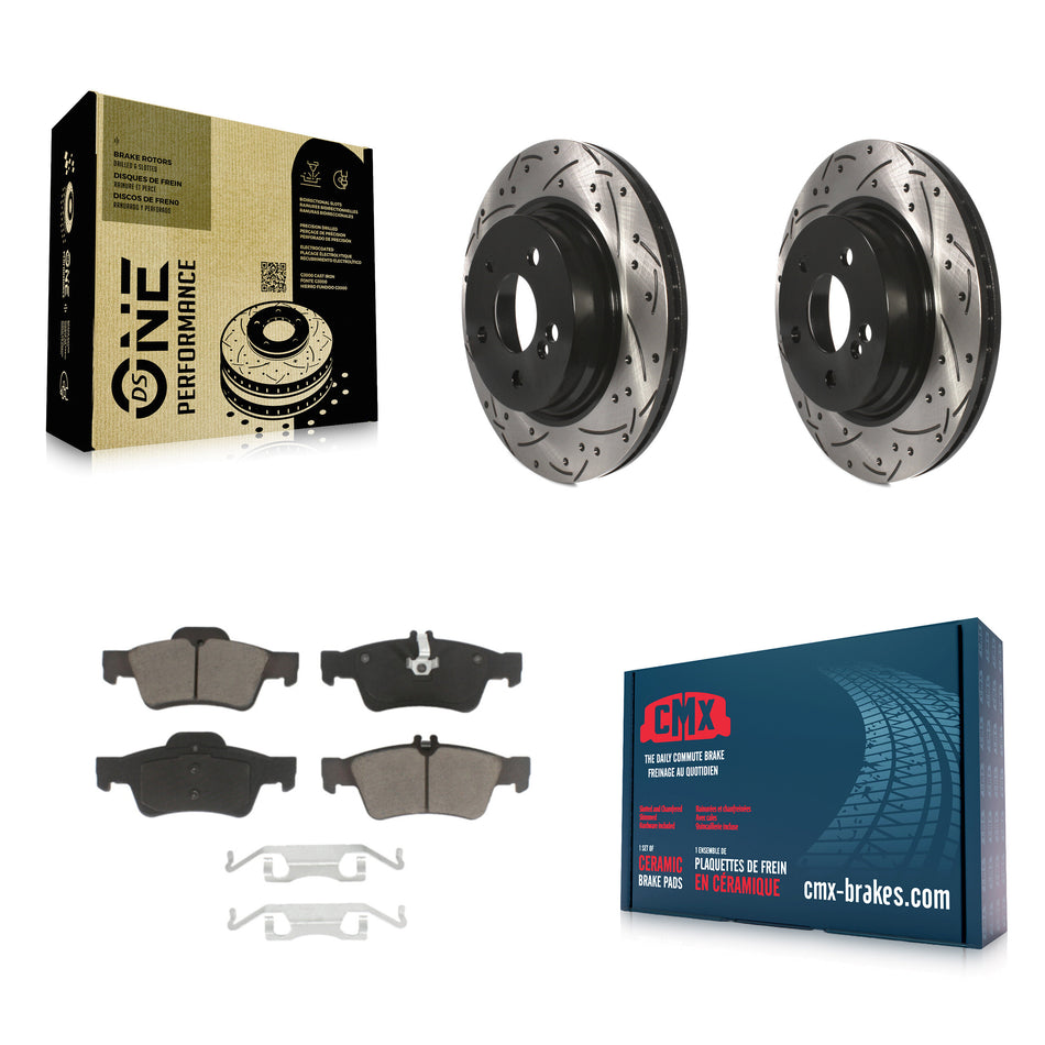 Rear Coated Drilled Slotted Disc Brake Rotors And Ceramic Pads Kit For Mercedes-Benz E550 With 300mm Diameter Rotor KDC-100836