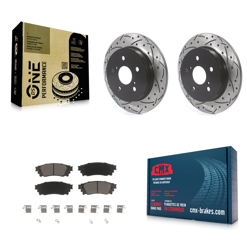 Rear Coated Drilled Slotted Disc Brake Rotor & Ceramic Pad Kit For Toyota Camry RAV4 Lexus NX200t C-HR NX300 ES350 Avalon NX300h ES300h UX250h UX200 ES250 Venza Corolla Cross KDC-100838