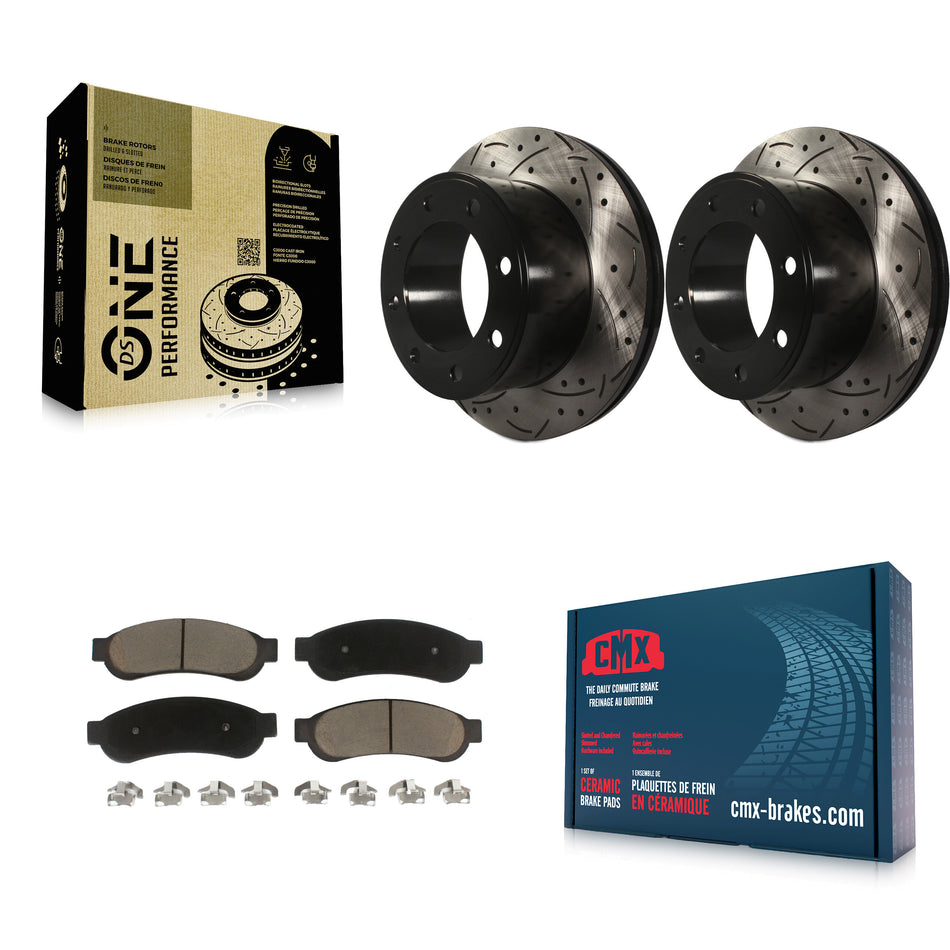 Rear Coated Drilled Slotted Disc Brake Rotors And Ceramic Pads Kit For Ford F-250 Super Duty F-350 KDC-100848