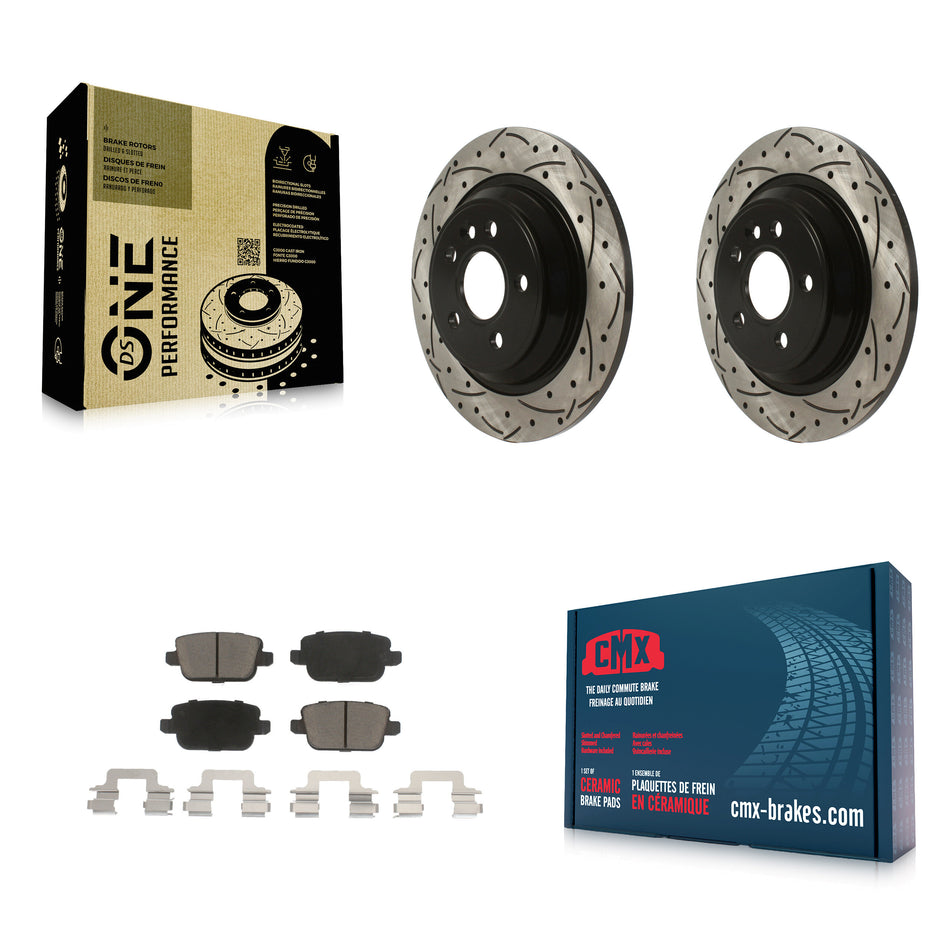 Rear Coated Drilled Slotted Disc Brake Rotors And Ceramic Pads Kit For 2008-2011 Volvo S80 FWD With Electric Parking KDC-100864