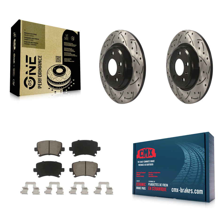 Rear Coated Drilled Slotted Disc Brake Rotors And Ceramic Pads Kit For 2009 Audi A4 Quattro Convertible With 300mm Diameter Rotor KDC-100893