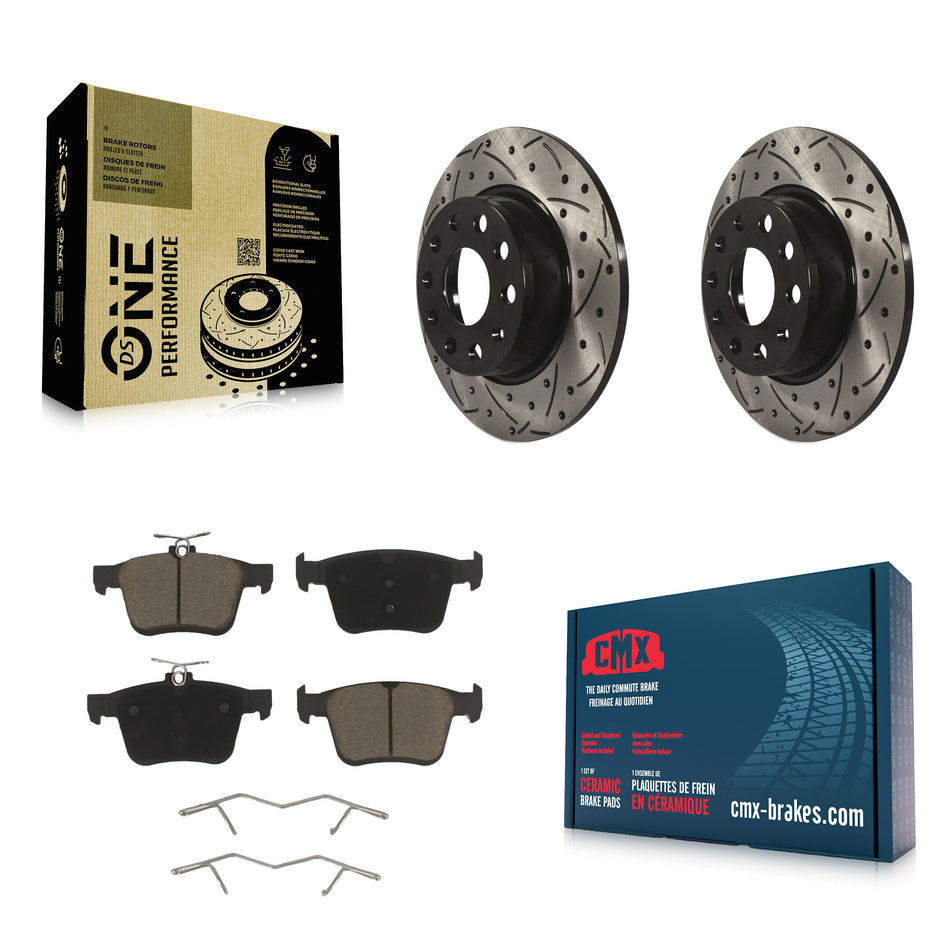 Rear Coated Drilled Slotted Disc Brake Rotors And Ceramic Pads Kit For Audi A3 Quattro Volkswagen e-Golf Sportback e-tron KDC-100906