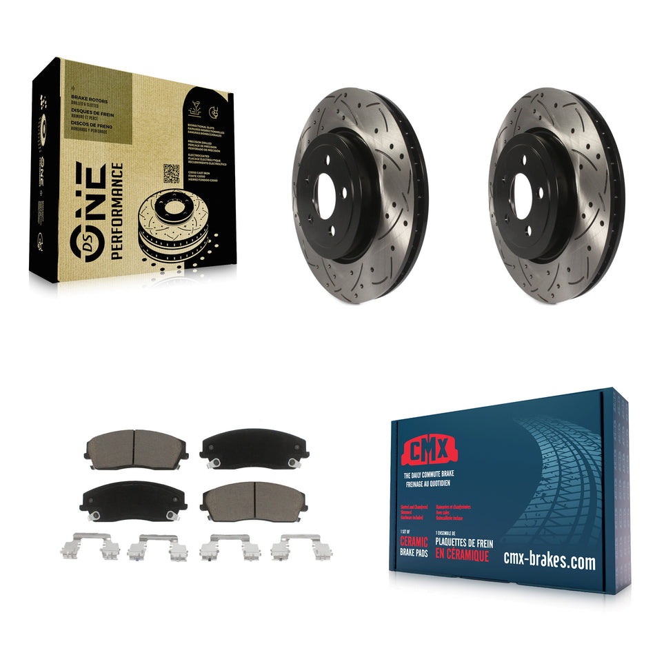 Front Coated Drilled Slotted Disc Brake Rotors And Ceramic Pads Kit For 2015-2018 Dodge Charger RWD with 3.6L With 345mm Diameter Rotor KDC-100966