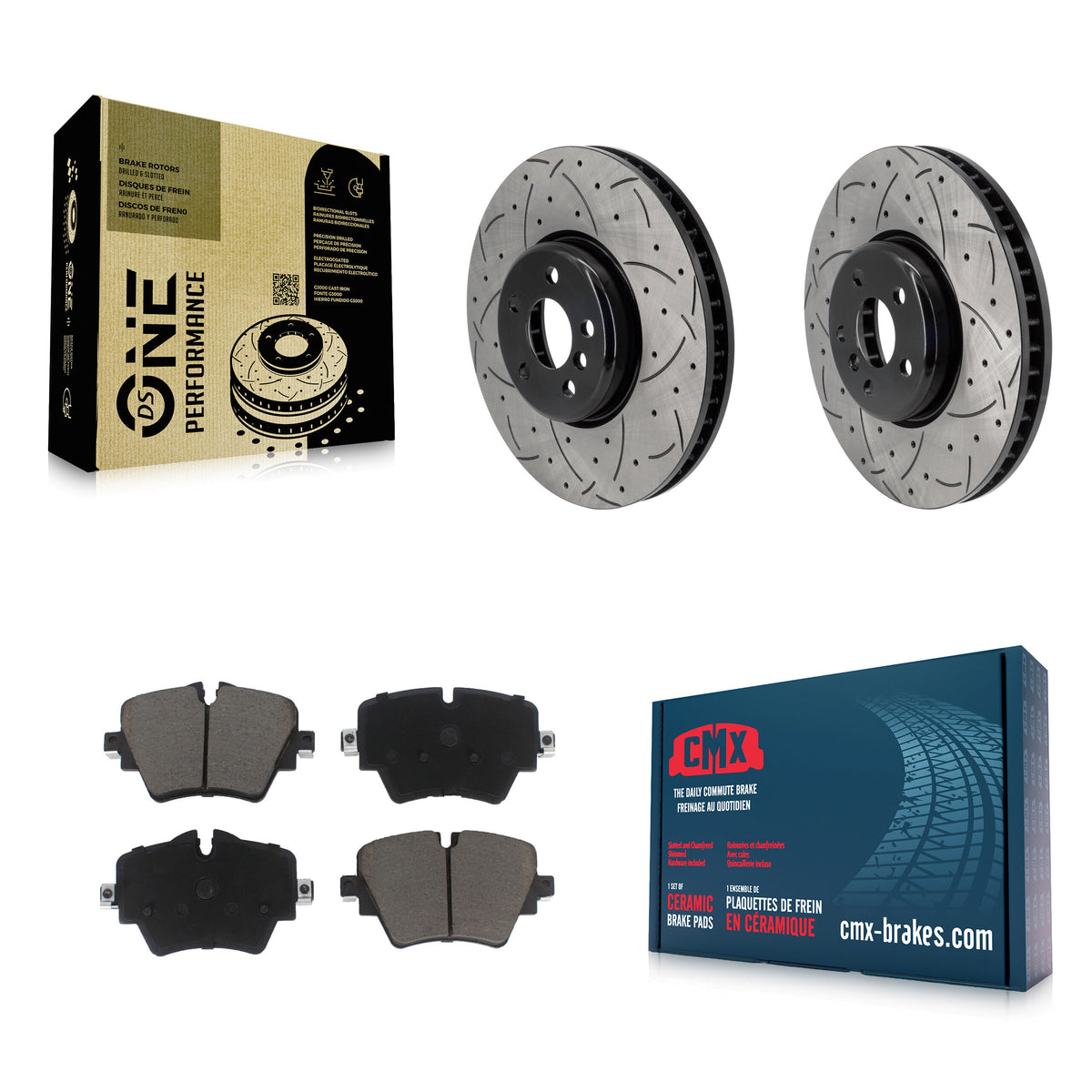 Front Drill Slot Brake Rotor Ceramic Pad Kit For 21 Toyota GR Supra With 4 Piston Caliper KDC-101132