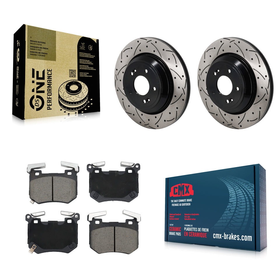 Rear Coated Drill Slot Disc Brake Rotors Ceramic Pad Kit For Genesis G70 Kia Stinger 3.3L KDC-101247