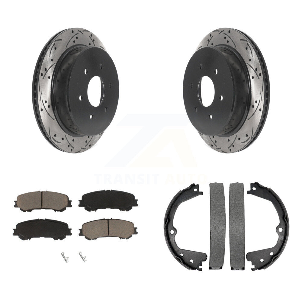 Rear Disc Drilled & Slotted Rotors Ceramic Pads Parking Shoes Kit For 17-23 Nissan TITAN KDC-101296