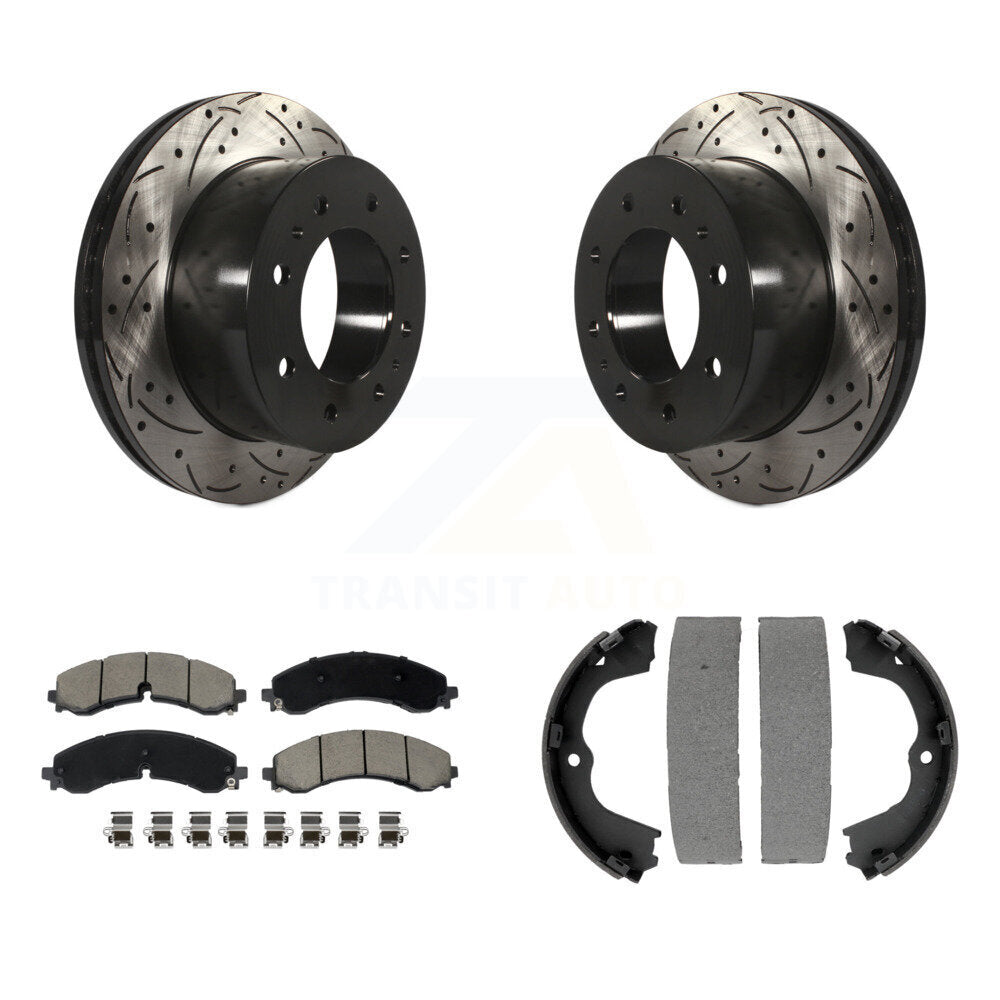 Rear Disc Drilled & Slotted Rotors Ceramic Pads Parking Shoes Kit For GMC Chevrolet 2500 KDC-101297