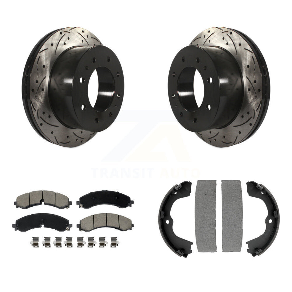 Rear Disc Drilled & Slotted Rotors Ceramic Pads Parking Shoes Kit For GMC Chevrolet 2500 KDC-101297