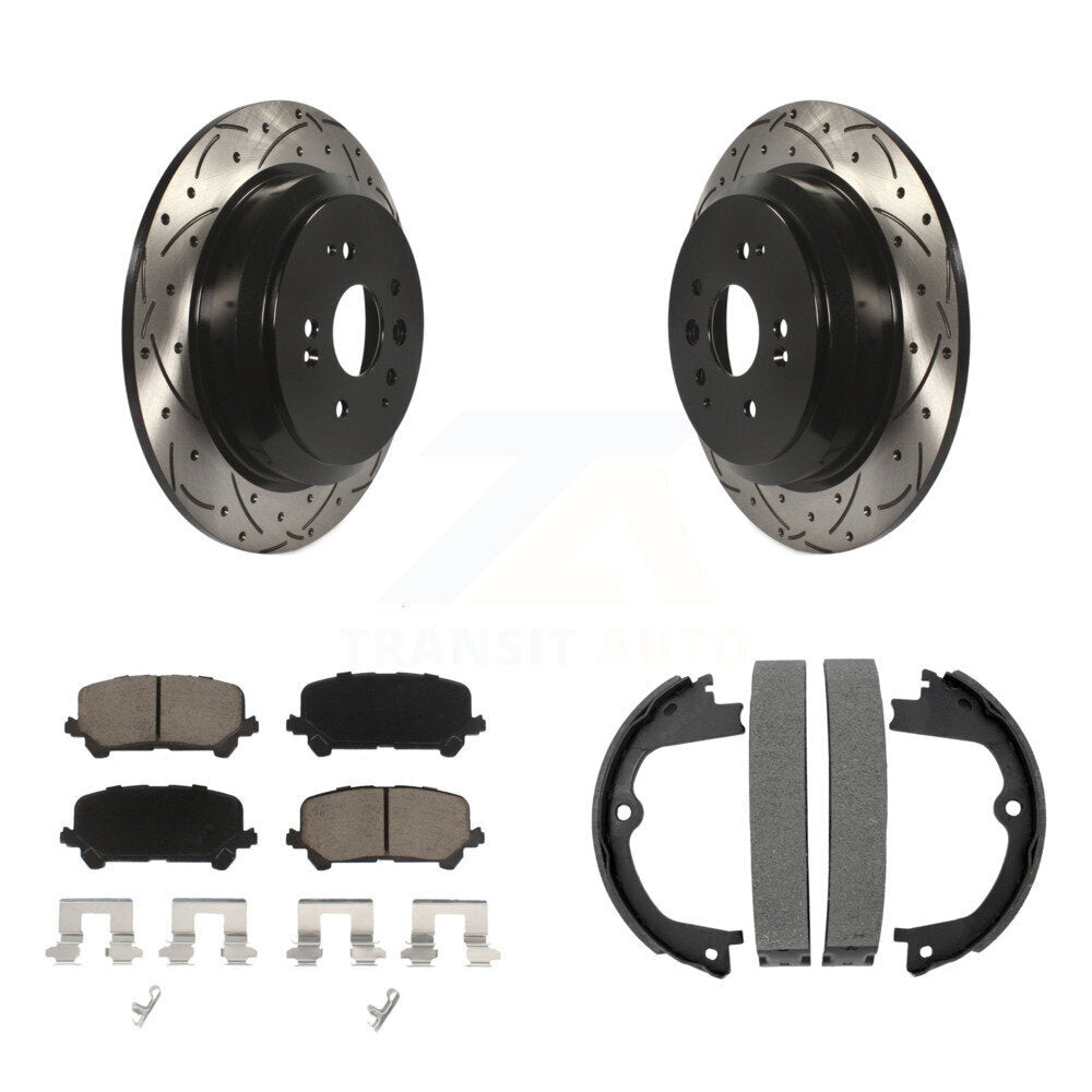 Rear Disc Drilled & Slotted Rotors Ceramic Pads Parking Shoes Kit For 2014-2016 Acura MDX KDC-101299