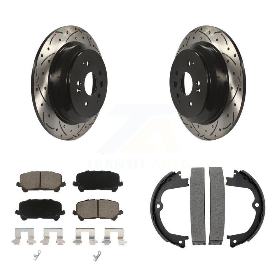 Rear Disc Drilled & Slotted Rotors Ceramic Pads Parking Shoes Kit For 2014-2016 Acura MDX KDC-101299