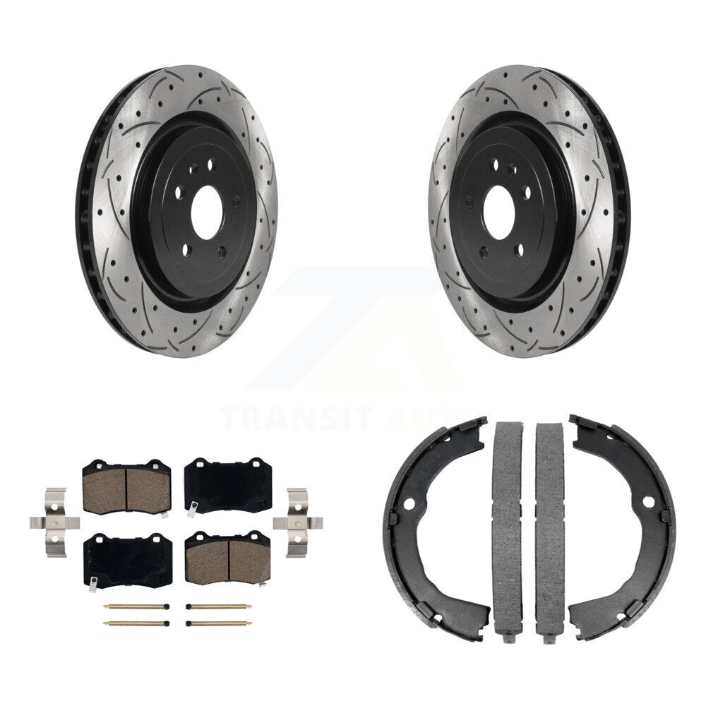 Rear Disc Drilled & Slotted Rotors Ceramic Pads Parking Shoes Kit For Chevrolet Camaro KDC-101301