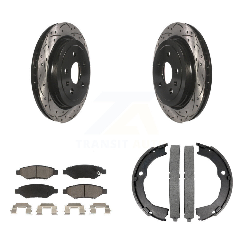 Rear Disc Drilled & Slotted Rotors Ceramic Pads Parking Shoes Kit For Chevrolet Camaro KDC-101302