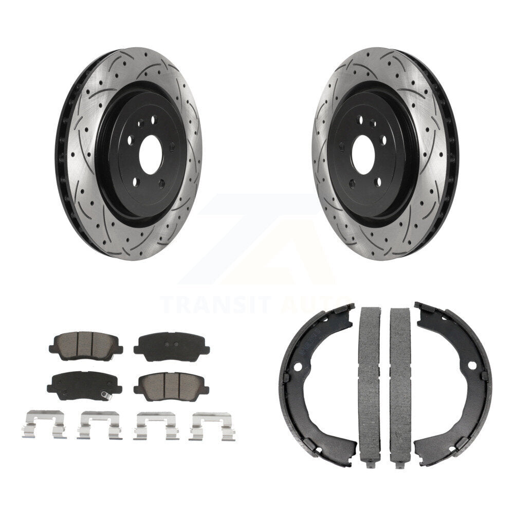 Rear Disc Drilled & Slotted Rotors Ceramic Pads Parking Brake Shoes Kit For Cadillac CTS KDC-101304