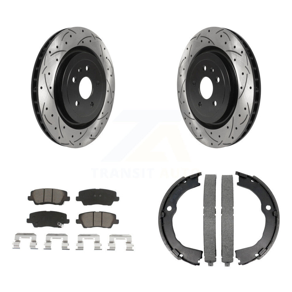 Rear Disc Drilled & Slotted Rotors Ceramic Pads Parking Brake Shoes Kit For Cadillac CTS KDC-101304