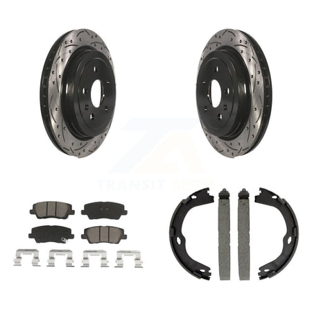 Rear Disc Drilled & Slotted Rotors Ceramic Pads Parking Brake Shoes Kit For Cadillac CTS KDC-101305