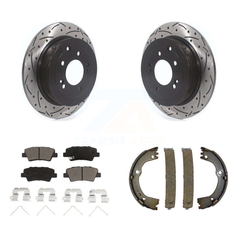 Rear Disc Drilled & Slotted Rotors Ceramic Pads Parking Shoes Kit For Hyundai Tucson Kia KDC-101306