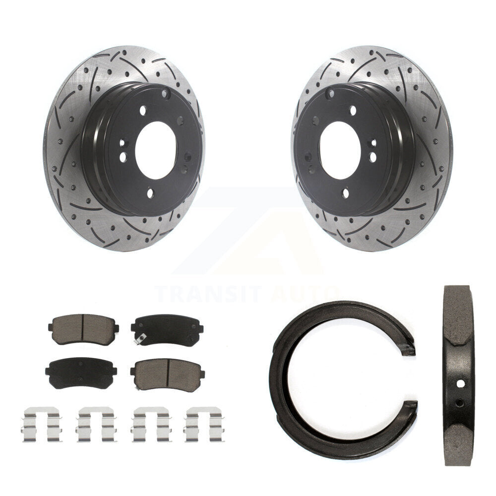 Rear Disc Drilled & Slotted Rotors Ceramic Pads Parking Shoes Kit For Hyundai Tucson Kia KDC-101307
