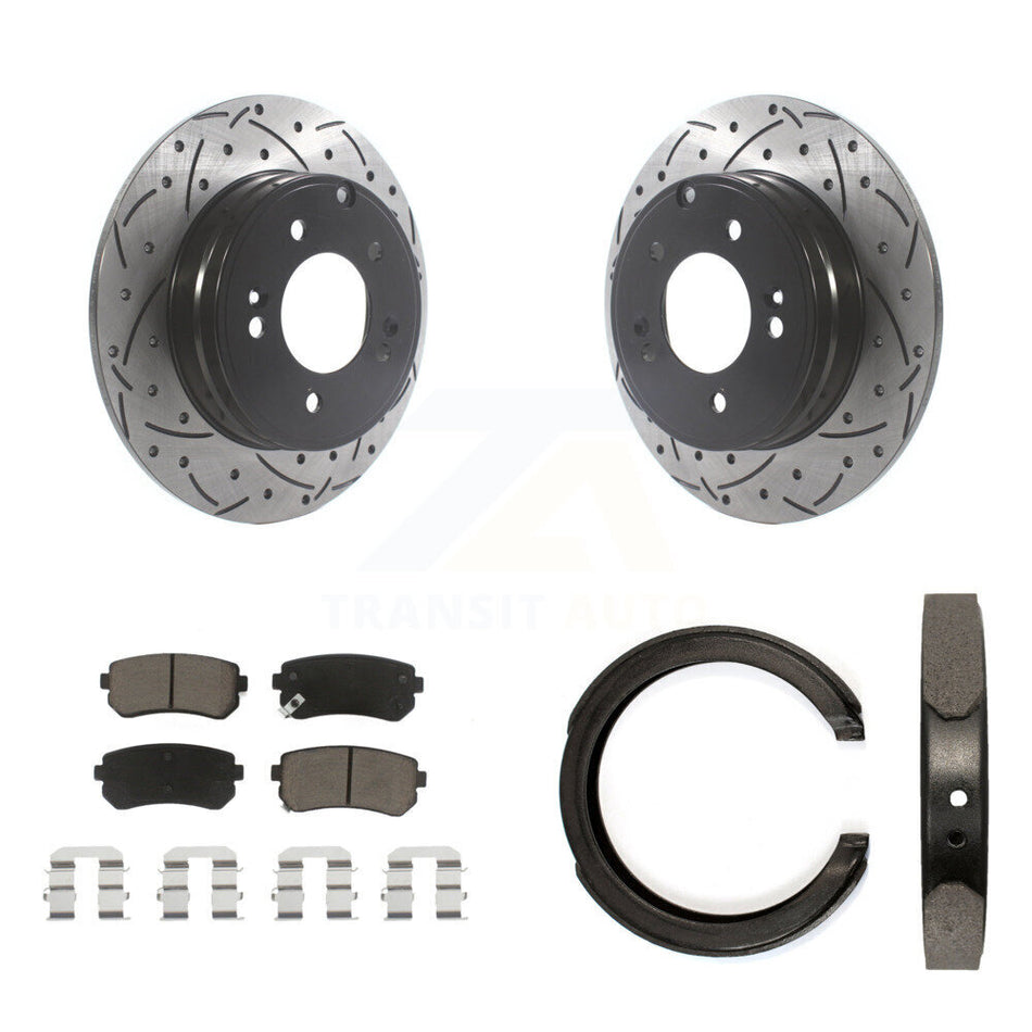 Rear Disc Drilled & Slotted Rotors Ceramic Pads Parking Shoes Kit For Hyundai Tucson Kia KDC-101307