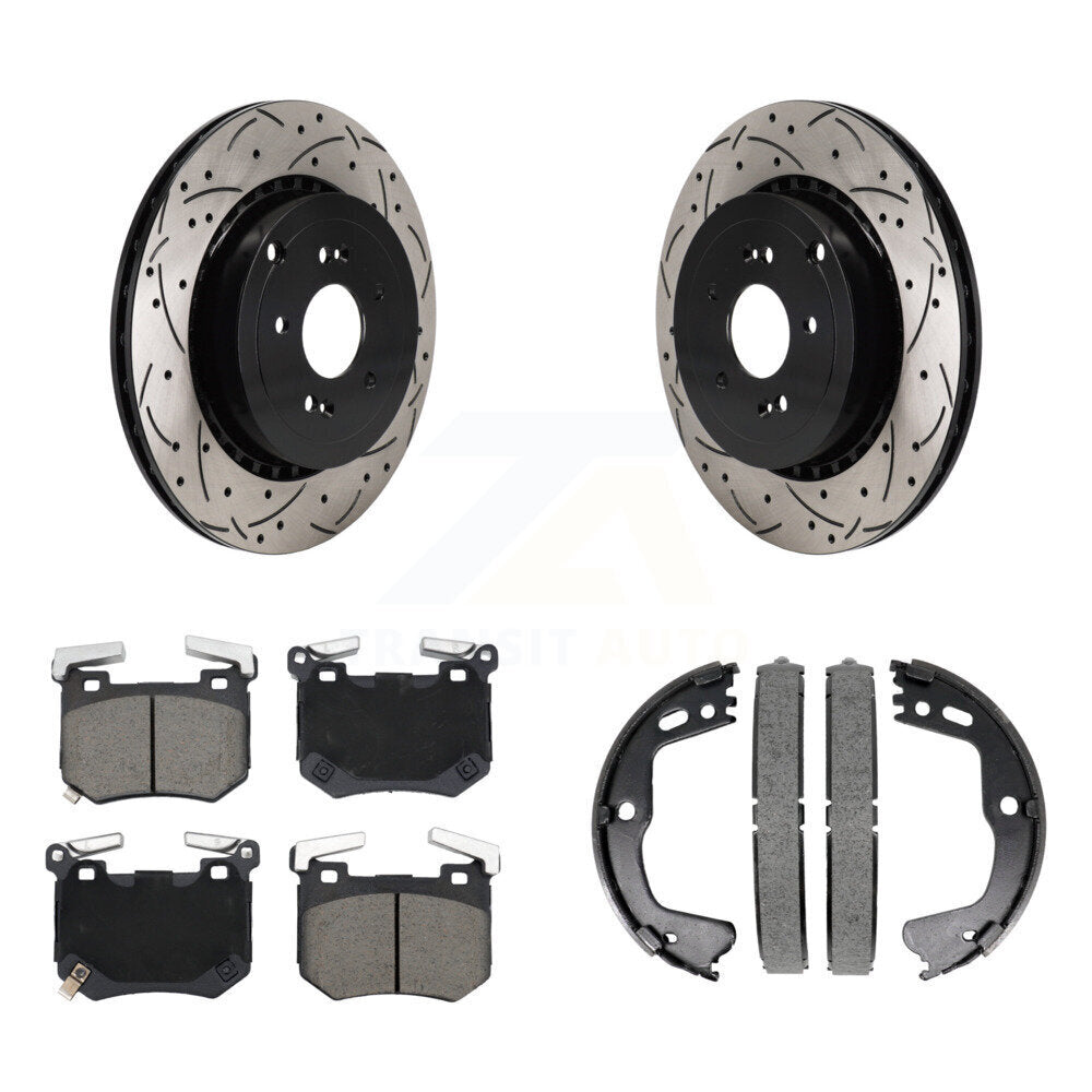 Rear Disc Drilled & Slotted Rotors Ceramic Pads Parking Shoes Kit For Kia Stinger Genesis KDC-101315