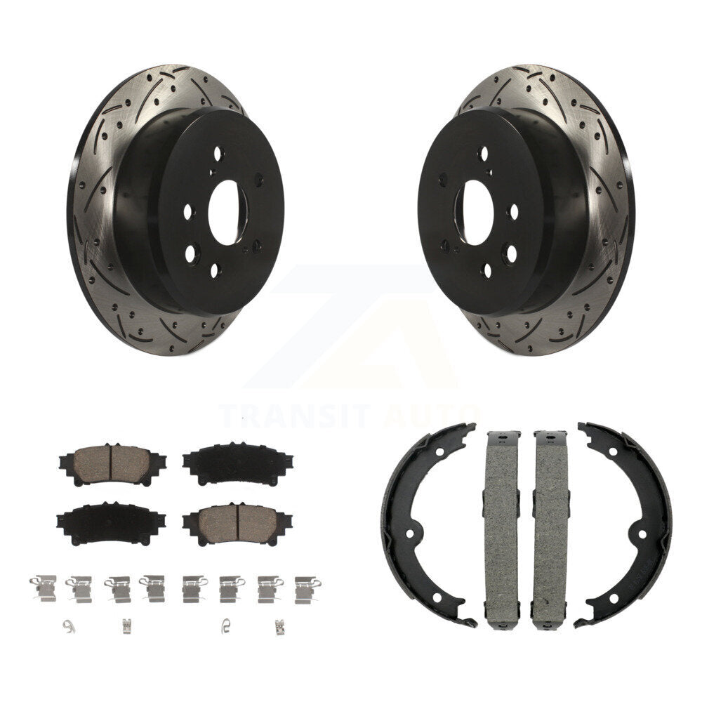 Rear Disc Drilled & Slotted Rotors Ceramic Pads Parking Brake Shoes Kit For Lexus IS250 KDC-101317
